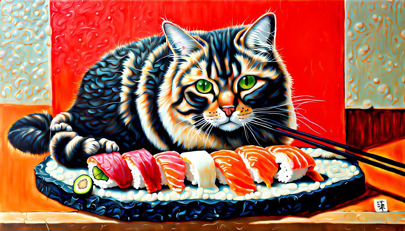 Hyperrealistic Cat Sushi in Acrylic Paint