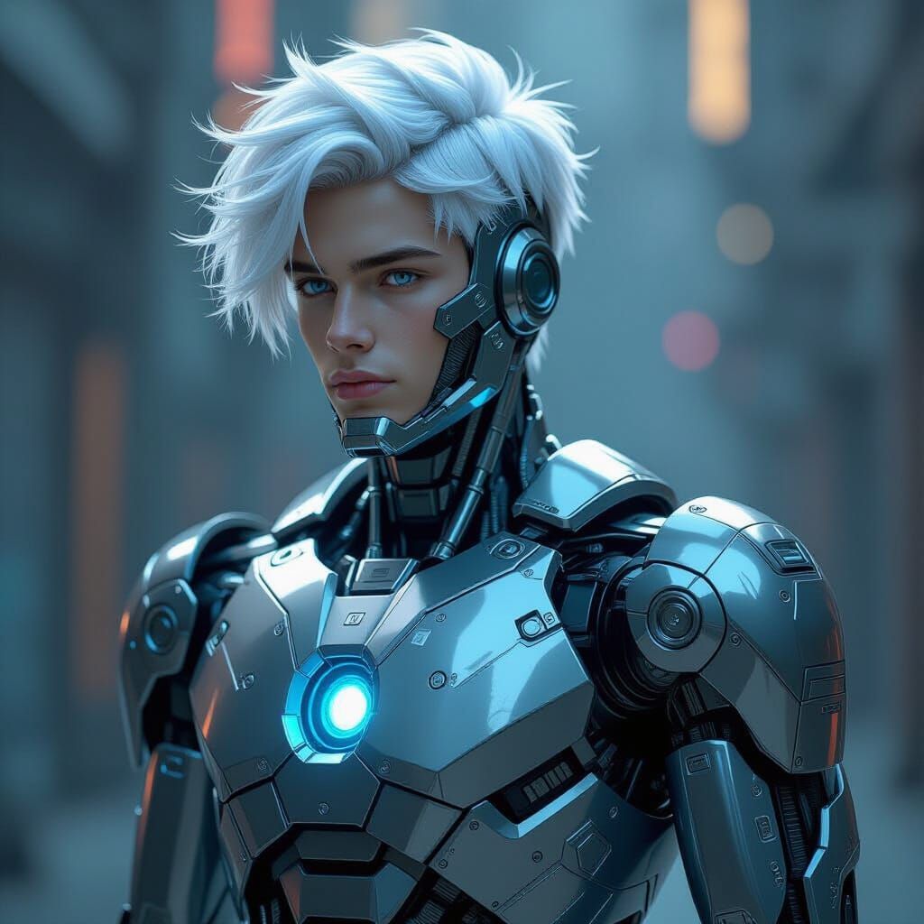 Sci-Fi Robot Concept Art: Titanium Hair, Blue Eyes