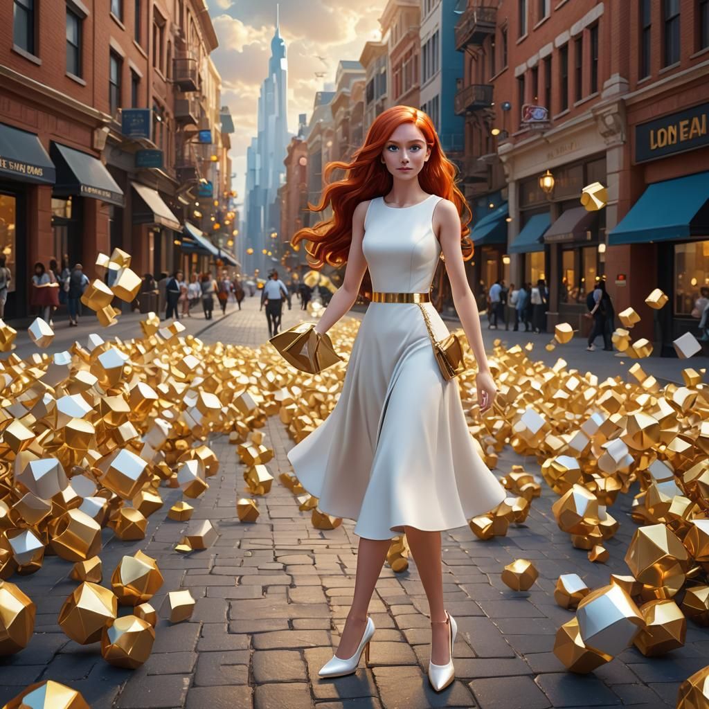 Golden City: Teen in White Dress, 3D Art