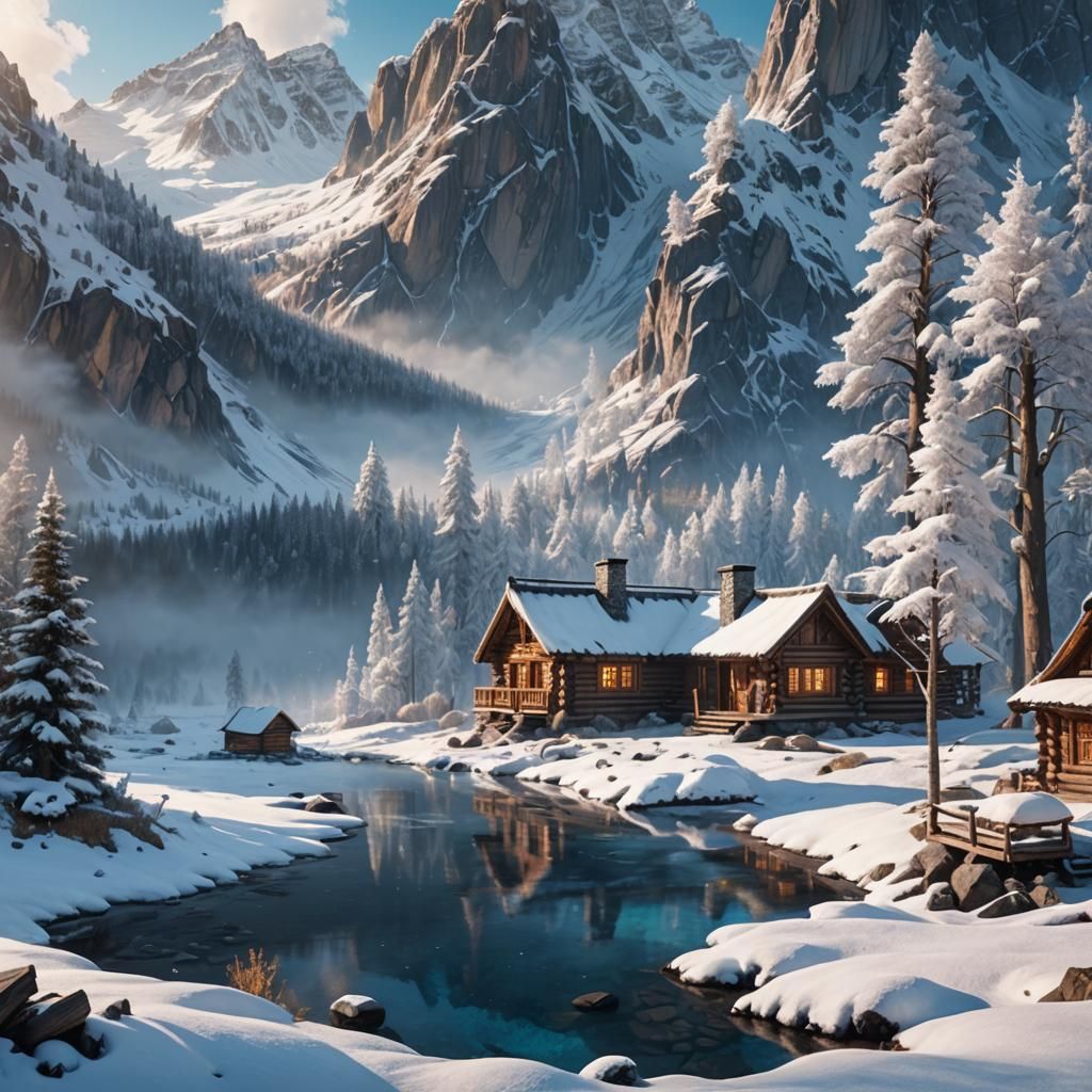 Cabin by Hot Spring in Snowy Mountains
