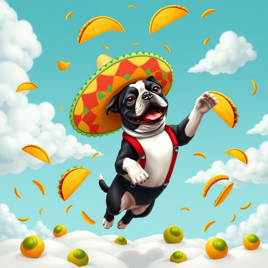 Boston Terrier in Vibrant Cartoon Food Wonderland