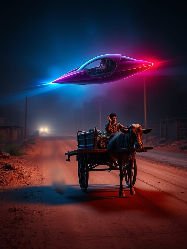 Bullock Cart Meets Flying Car: A Surreal Blend of Past and F...
