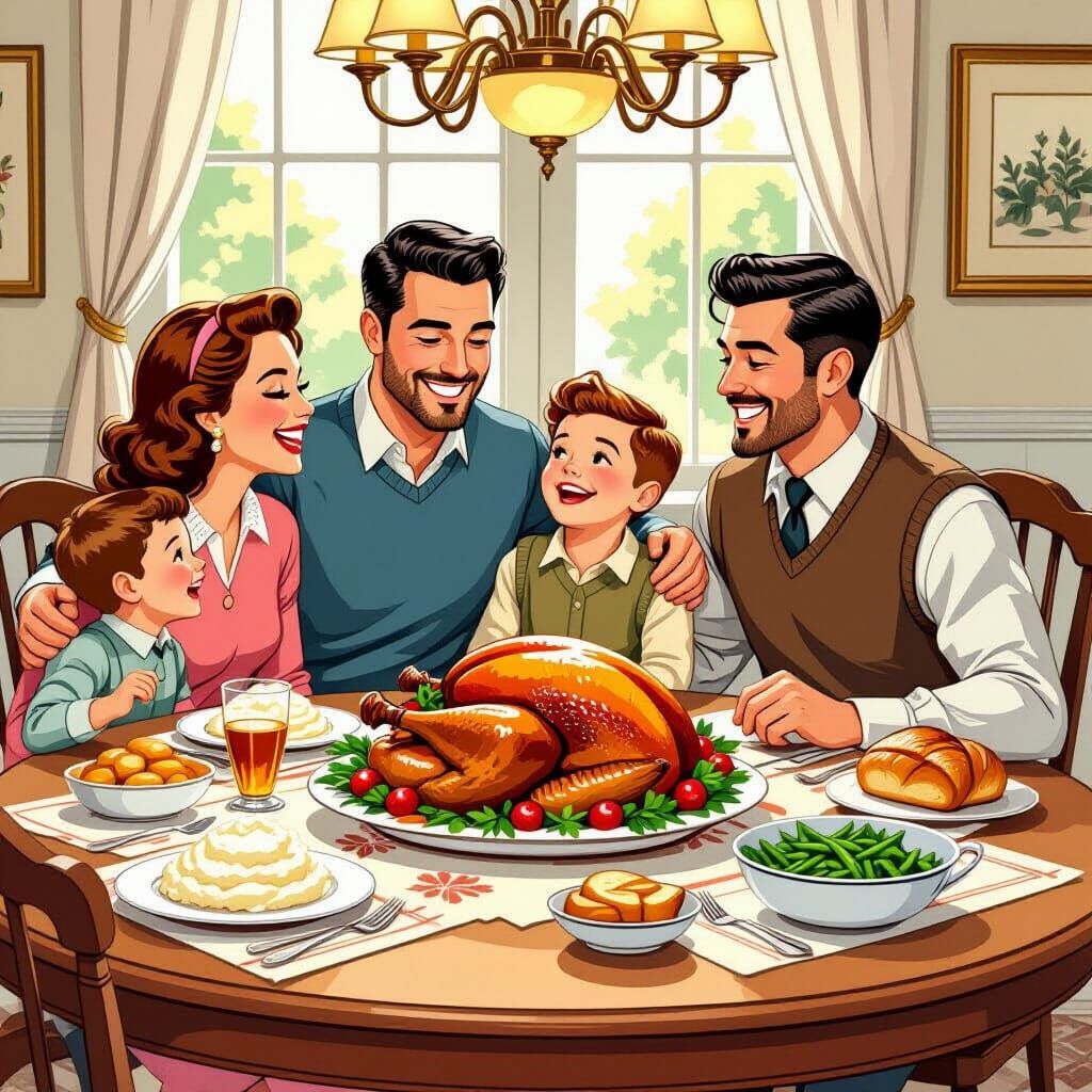 Happy Family Thanksgiving Dinner in Toon Art Style