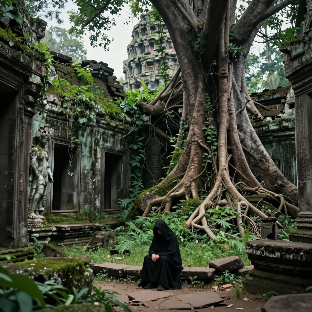 Contemplative Figure in Overgrown Ancient City Ruins