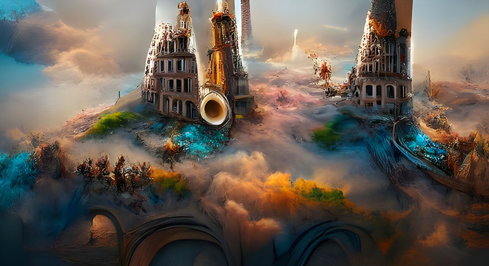 a baroque symphony orchestra on top of a modern tower in a f...