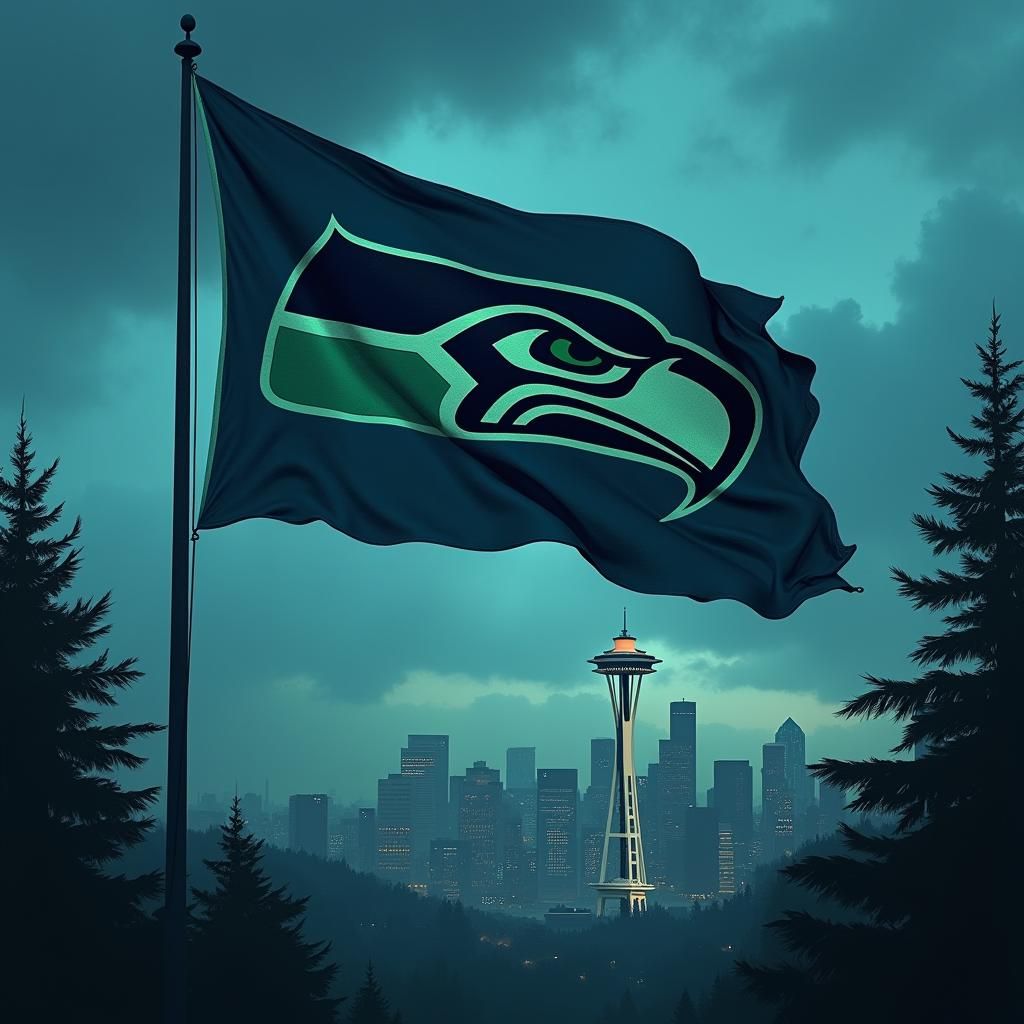 Seattle Seahawks Flag in Mystical Cityscape