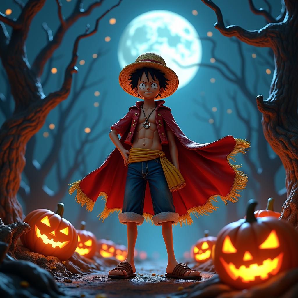 Luffy Celebrates Halloween in Dreamlike Autumn Landscape