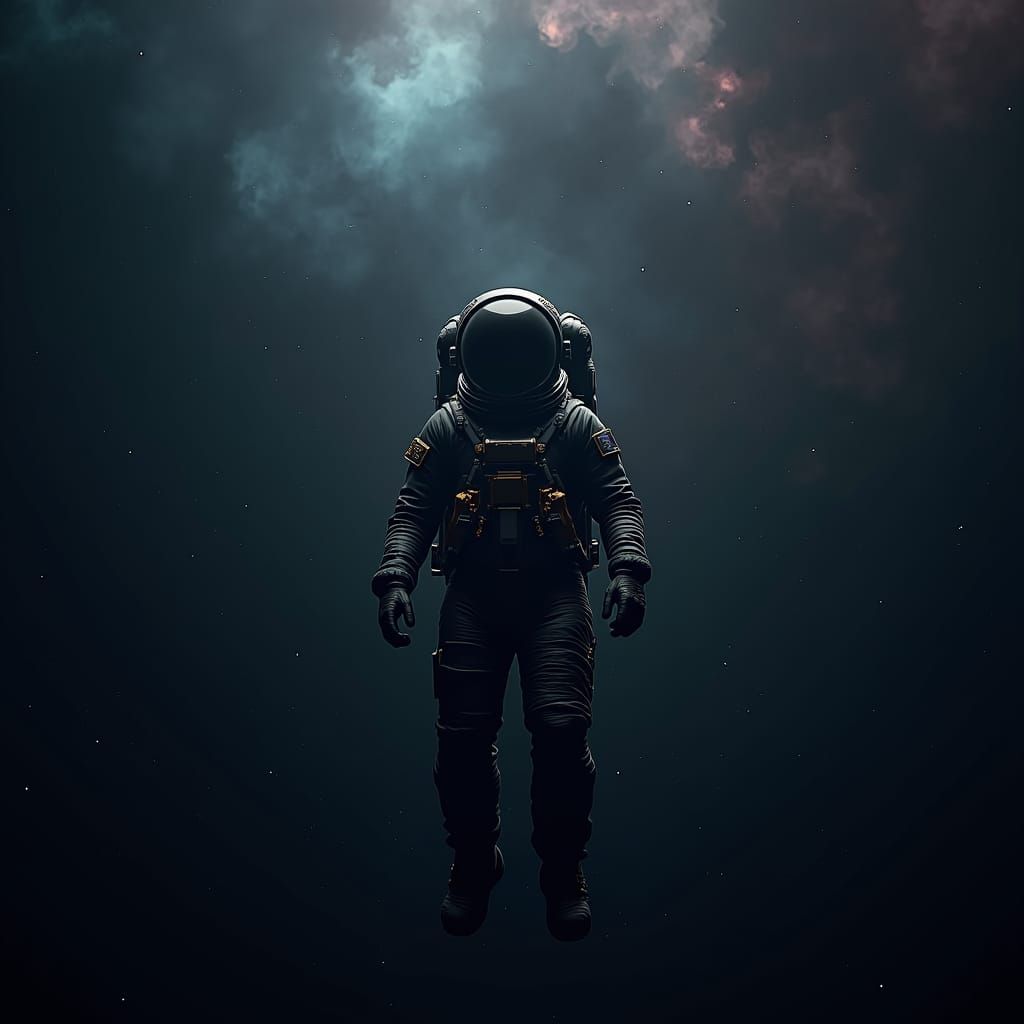 Astronaut in Black Spacesuit Amidst Starry Nebula