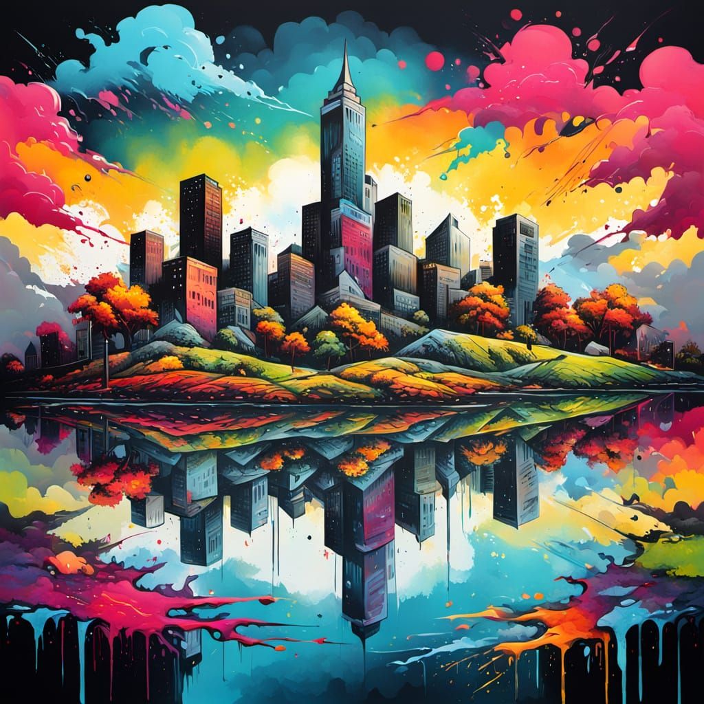 Vibrant Cityscape in High-Contrast Graffiti Style