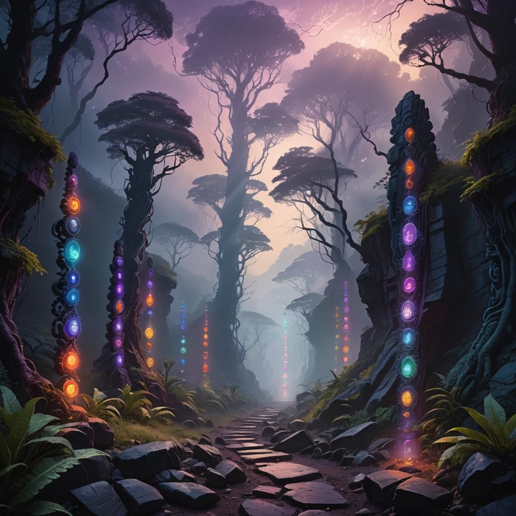 Glowing Chakras on Misty Mountain Path