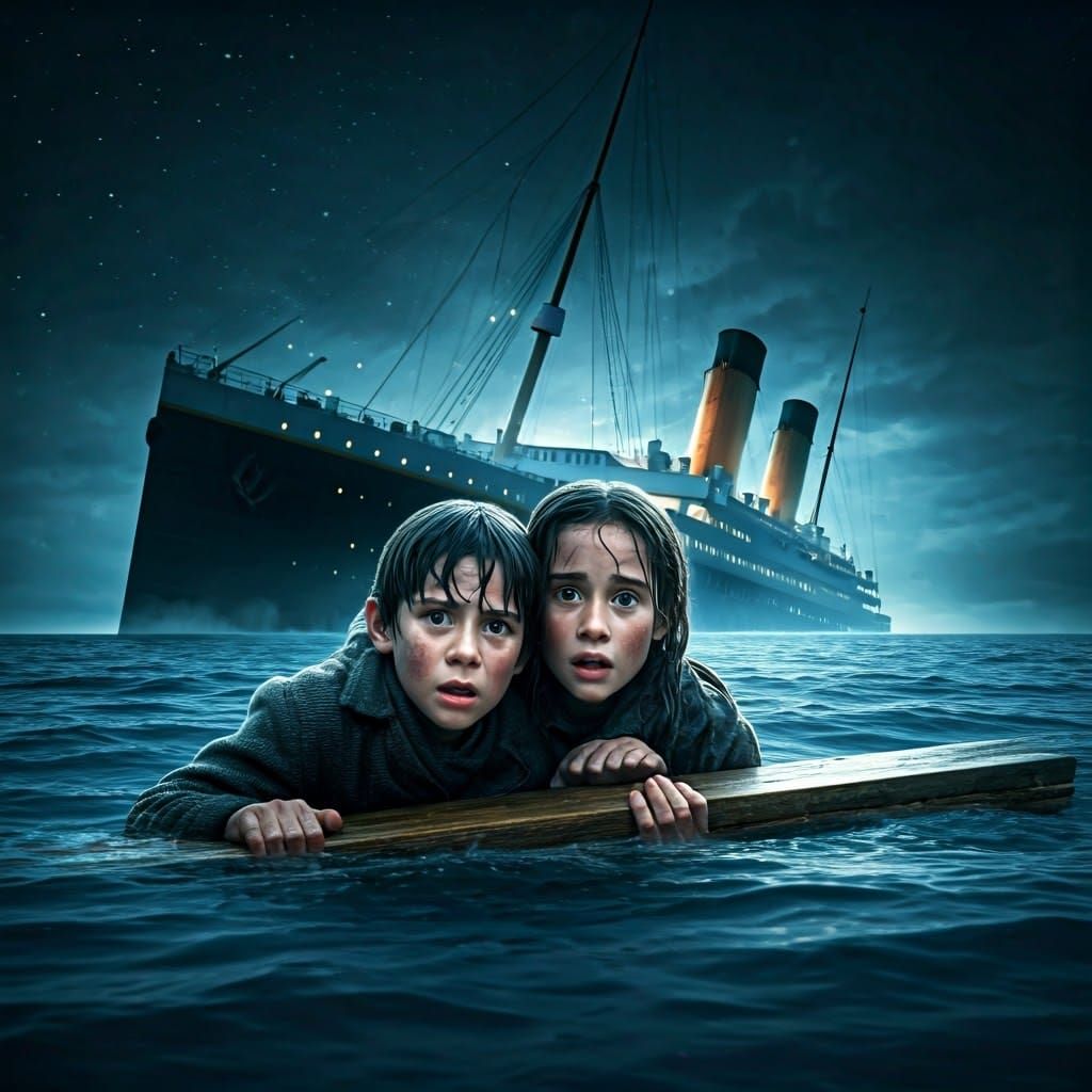 Desperate Children Cling to Plank in Titanic's Wreckage