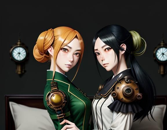 Kemono Twin Sisters Kiss in Steampunk Anime Style