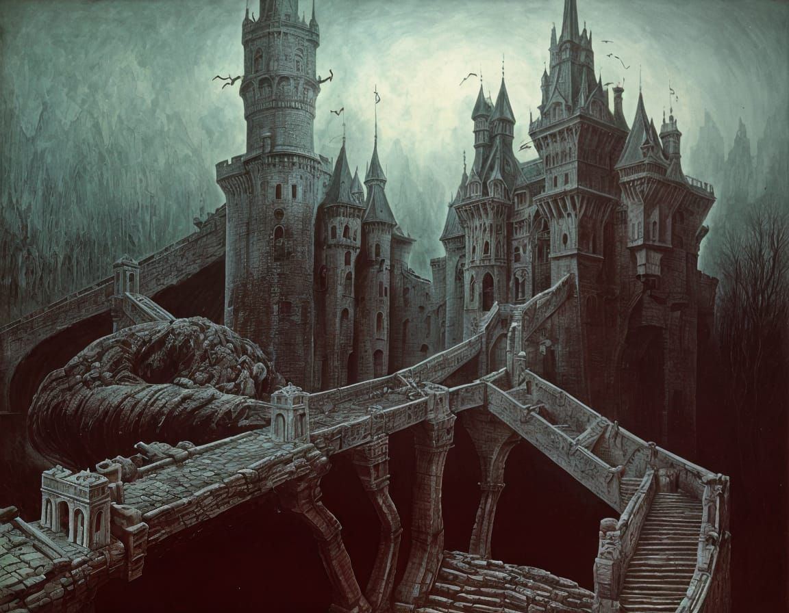 Surreal Castle with Drawbridges, Dreamlike Landscape