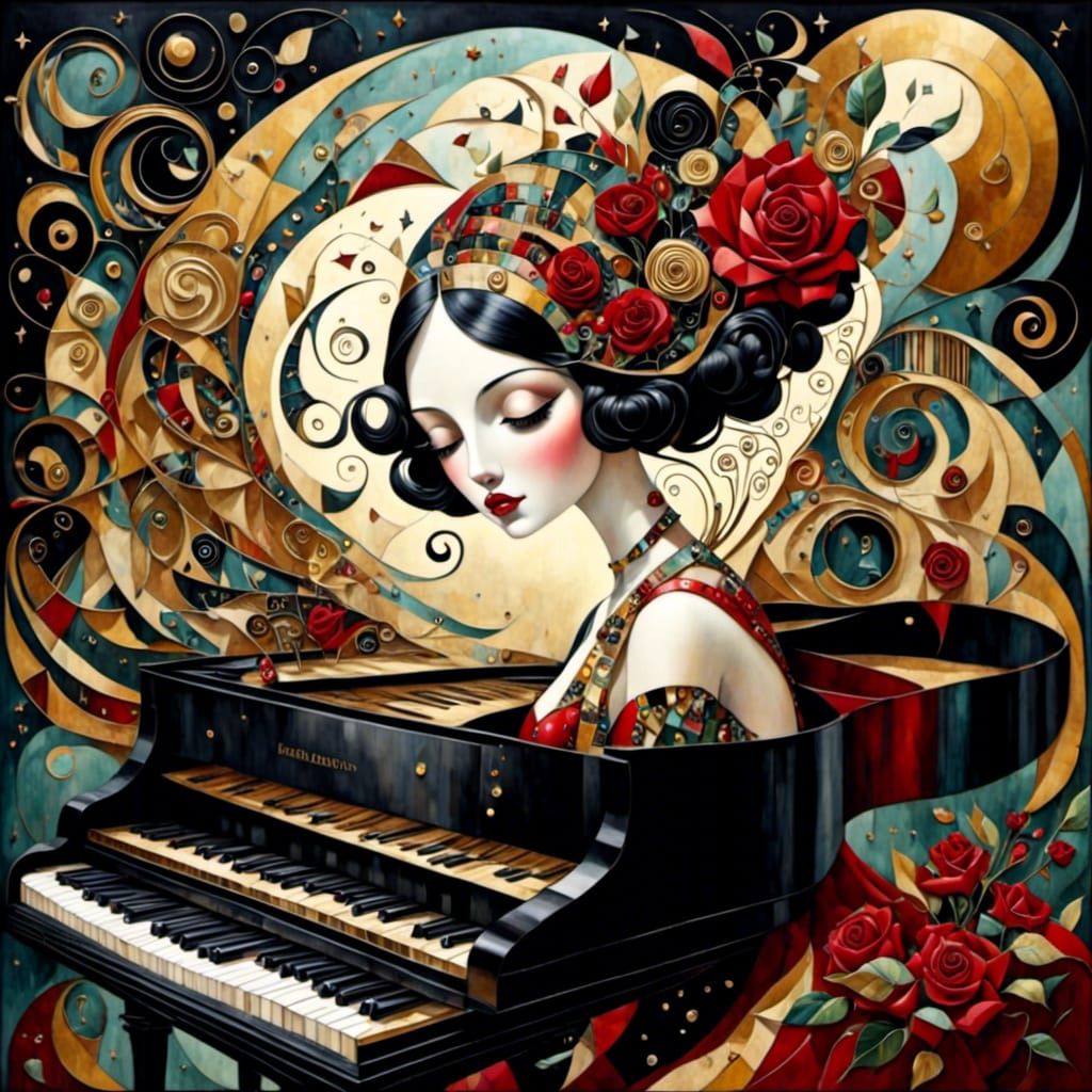 Goth Girl Plays Piano in Crystal Cubism Style