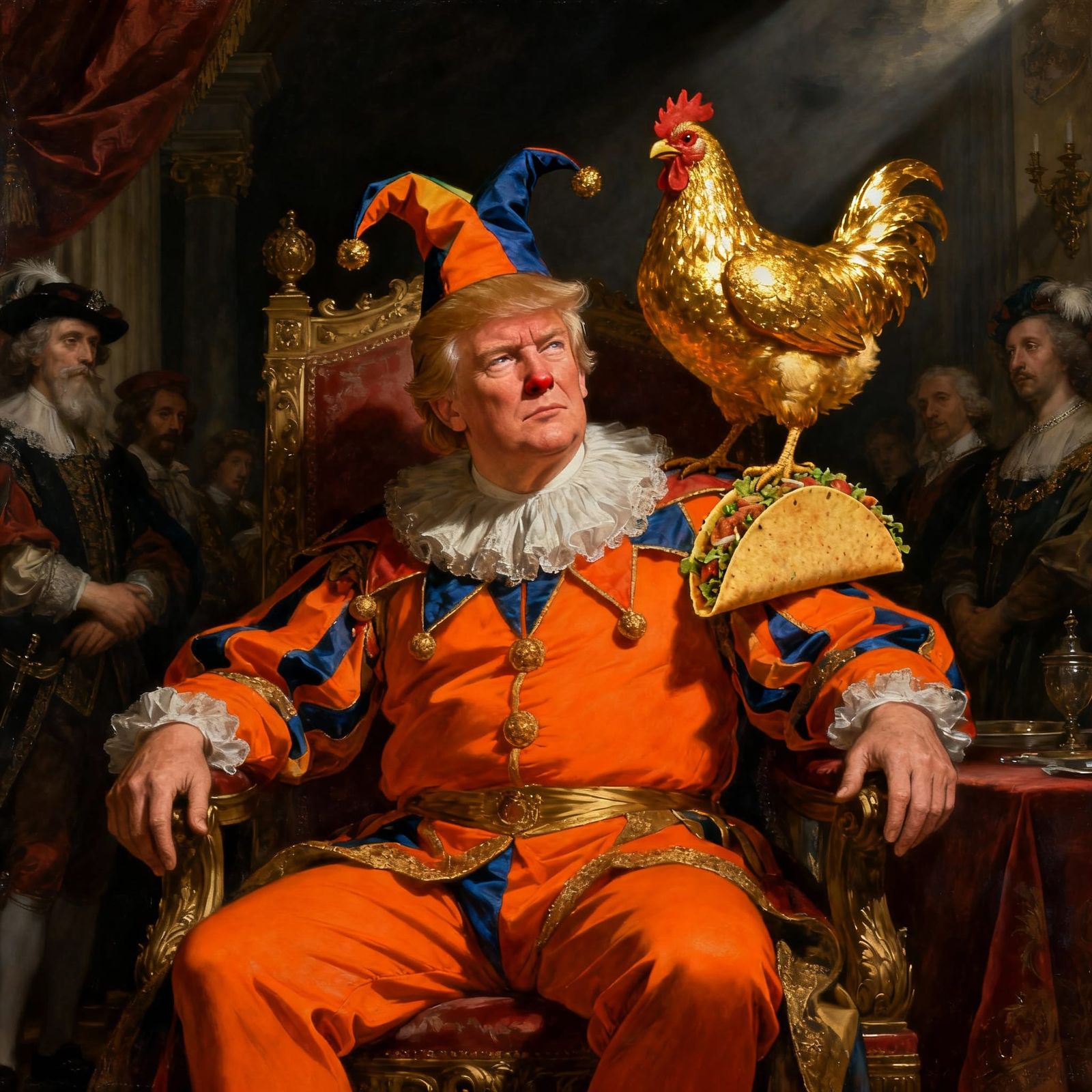 Emperor Trump as Orange Clown with Taco Chicken