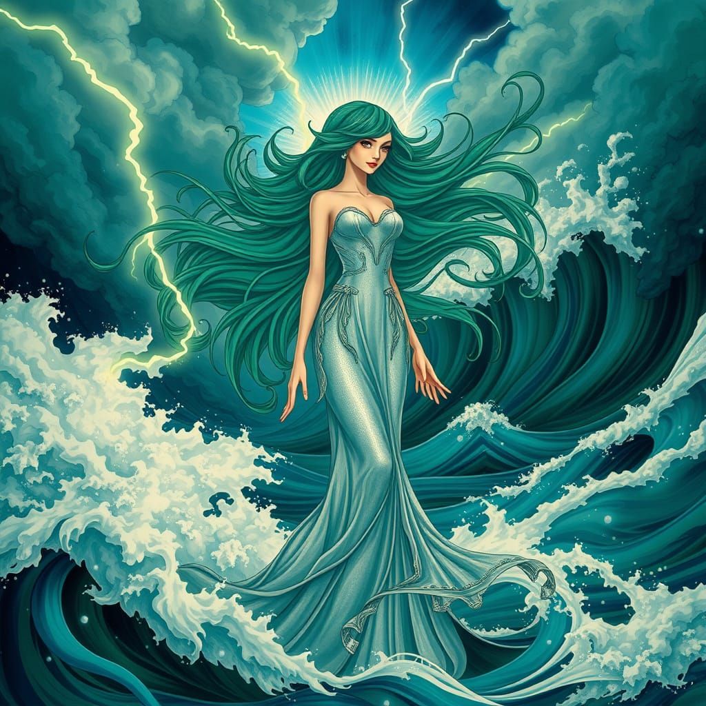Majestic Ocean Goddess with Emerald Hair and Silver Gown