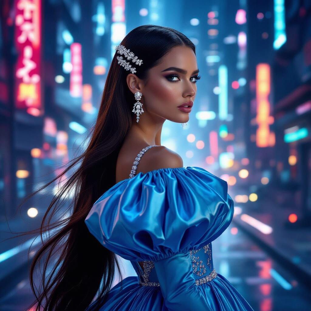 Futuristic Diamond Lady in Cosmic Cityscape