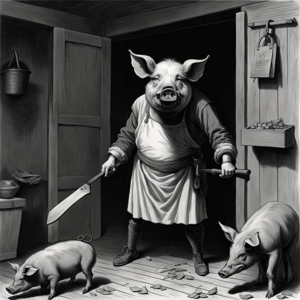 Pig-Headed Butcher in Horror Illustration Style