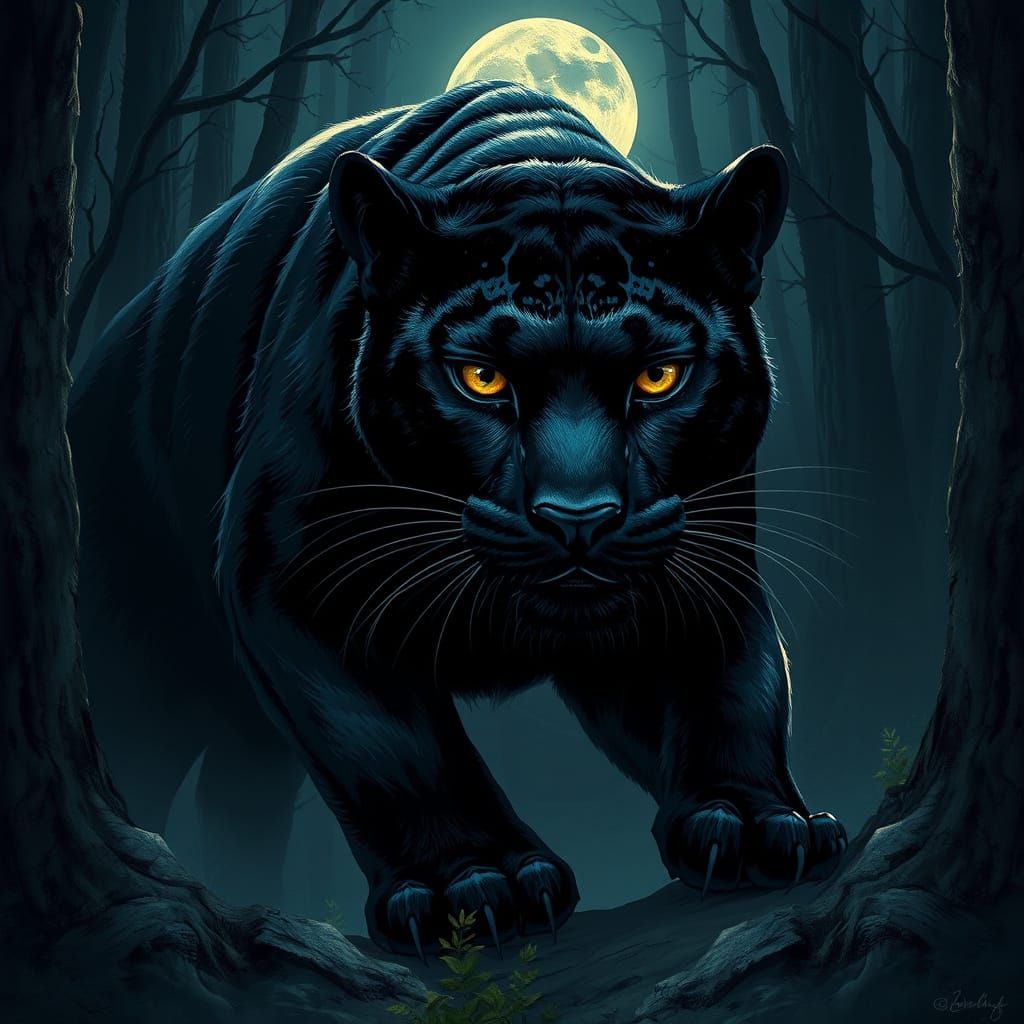 Majestic Black Panther in Dark Forest, Digital Art