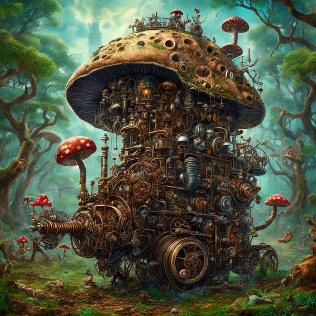 Hyperrealistic Steampunk Mushroom City in Forest