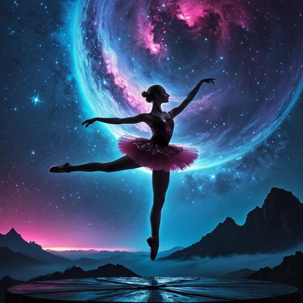 Ballerina Silhouette Performing Sauté in Galactic Sky