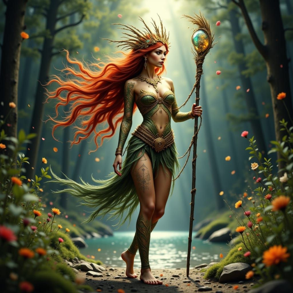 Enchanted Druid with Sunstone Staff in Anime Style