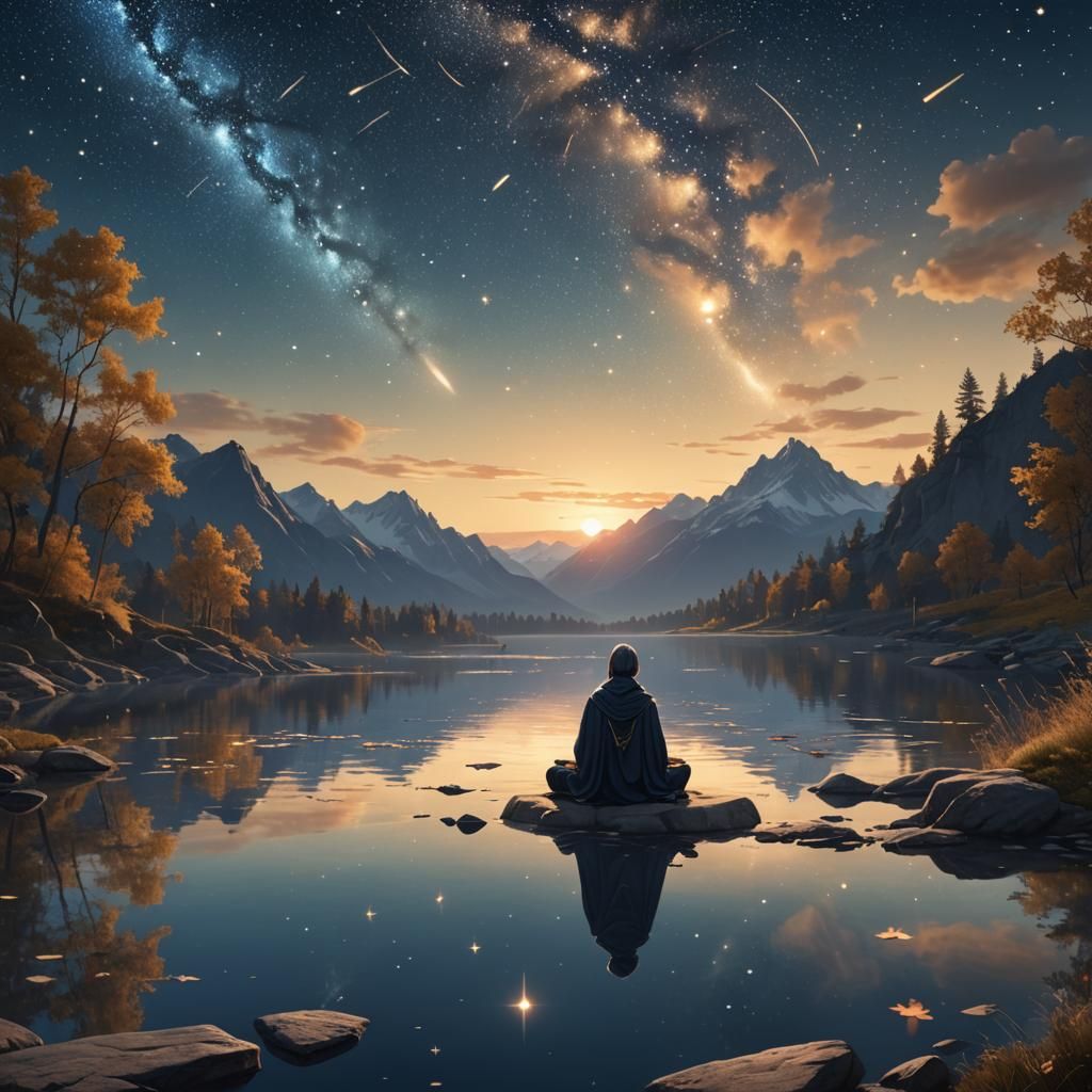 Meditating Figure on Lake Shore at Night