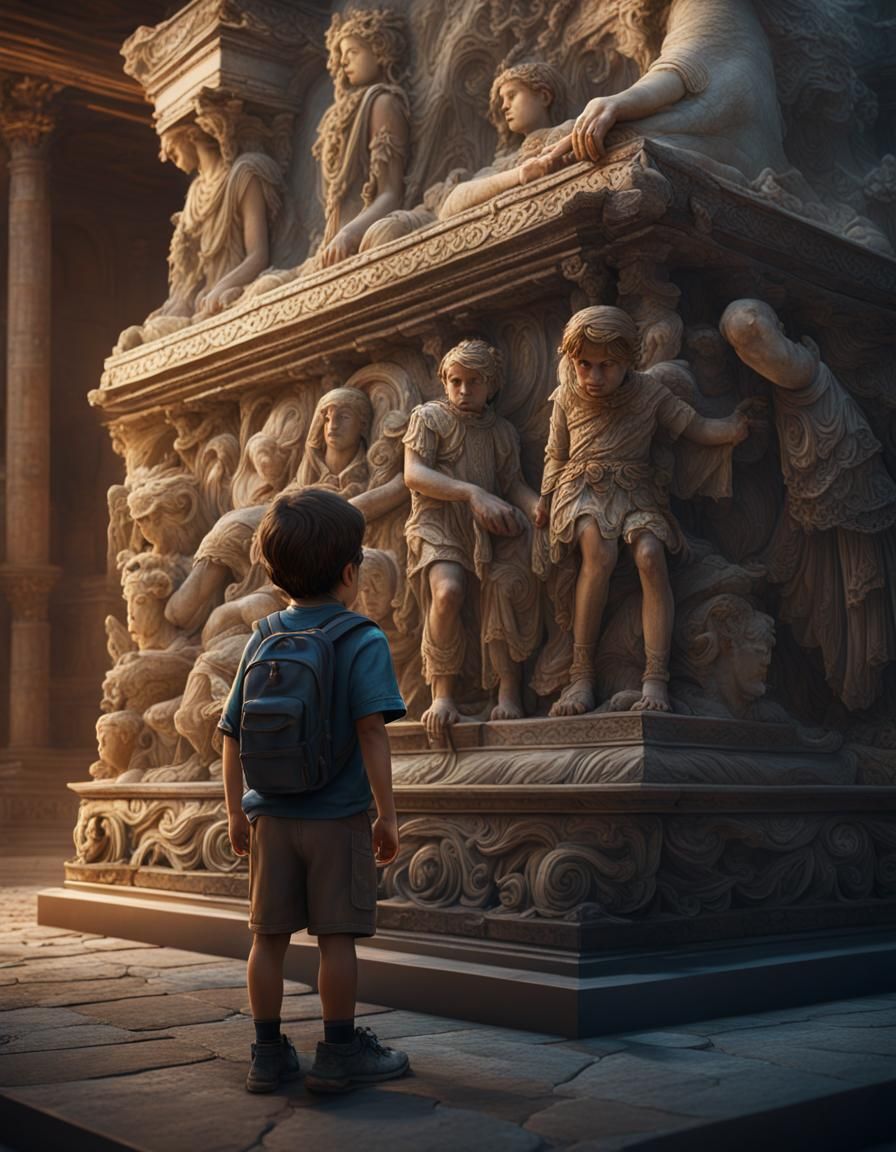 Child Gazing at Roman Bas Relief Statue