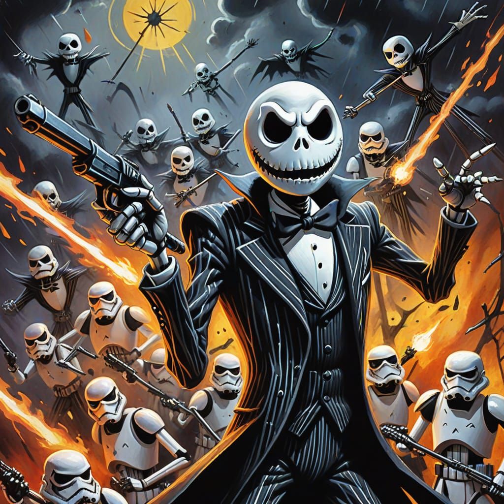 Jack Skellington Under Stormtrooper Attack: Gouache Painting