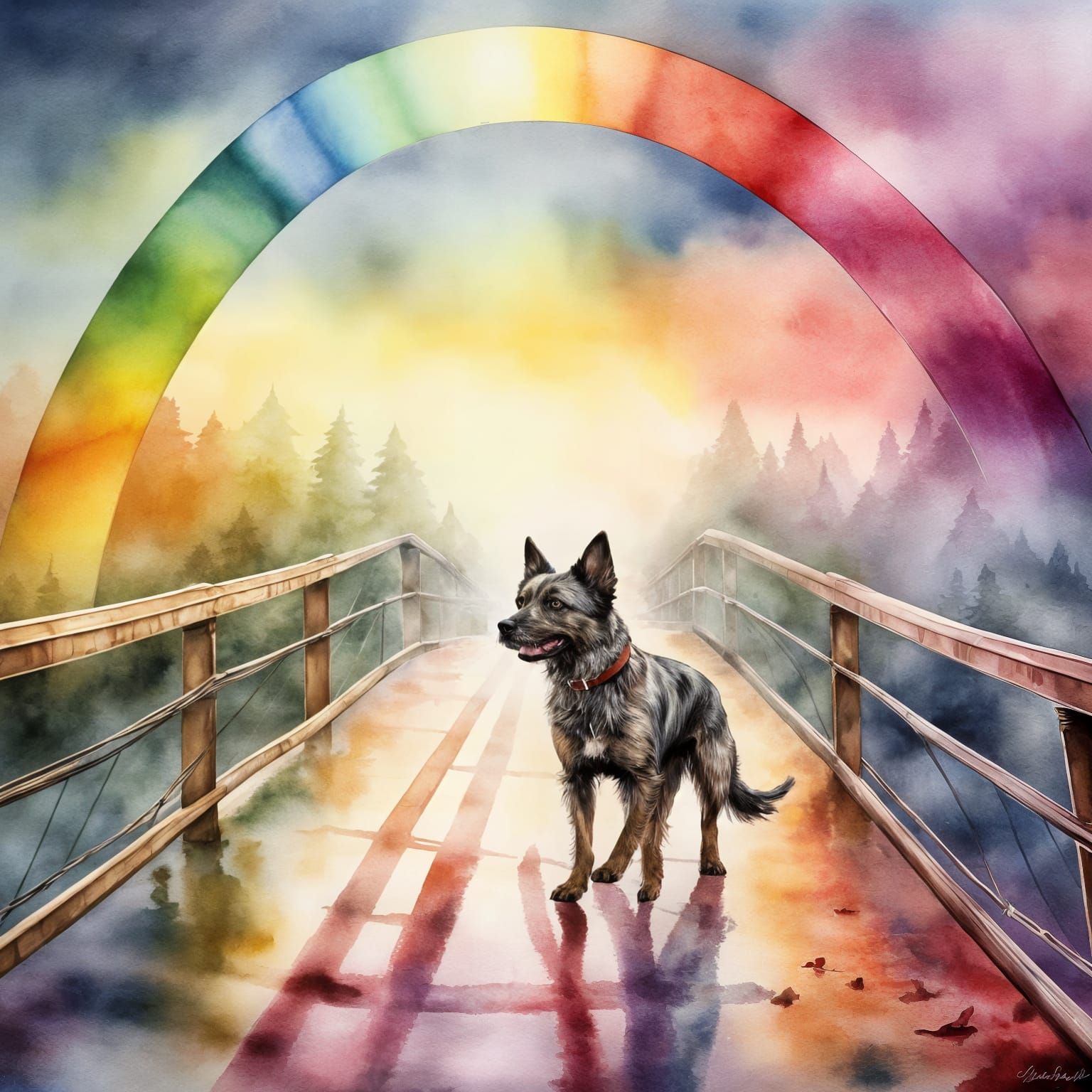 Dog's Journey Across Rainbow Bridge: Watercolor Art