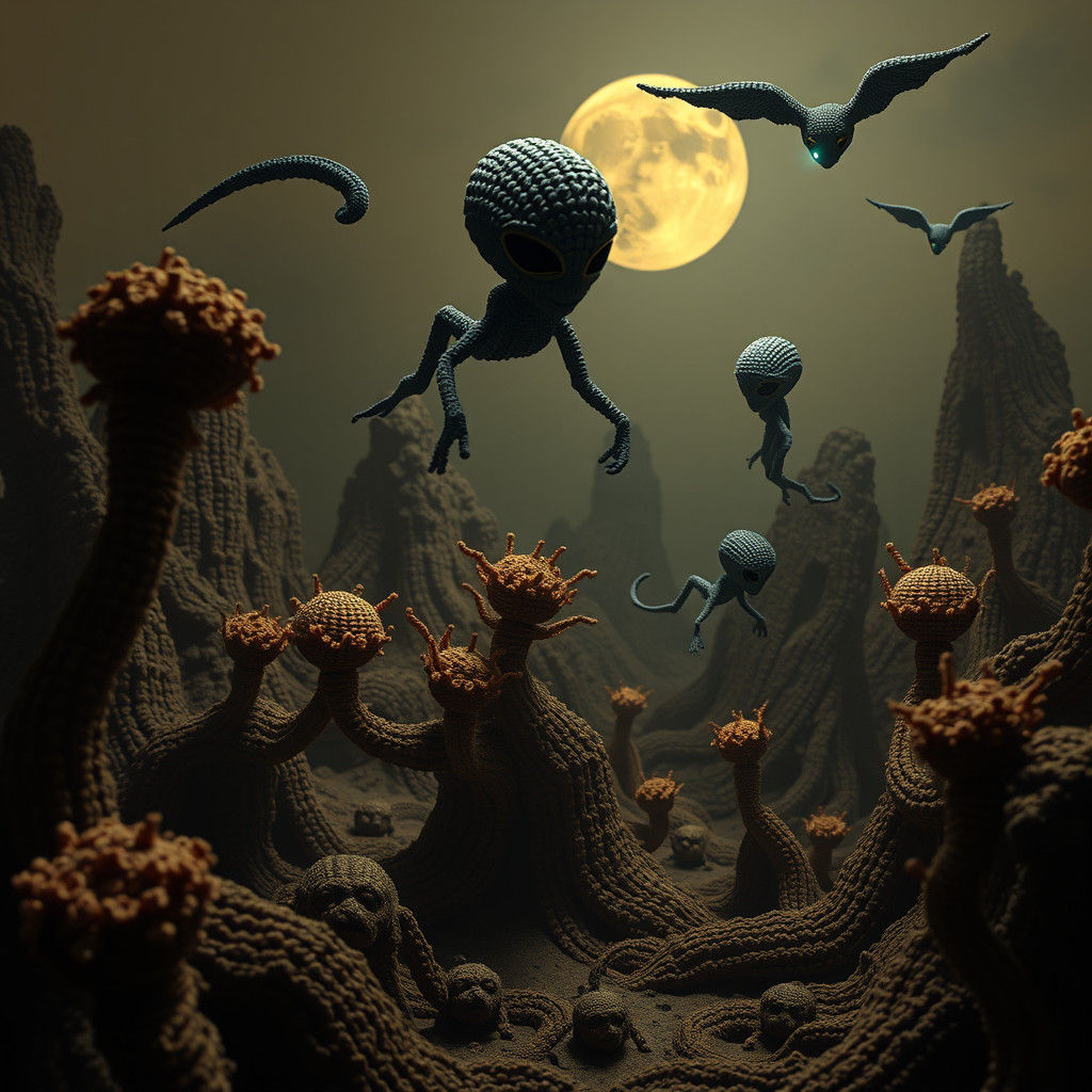 Sinister Crochet World with Alien Harvesters