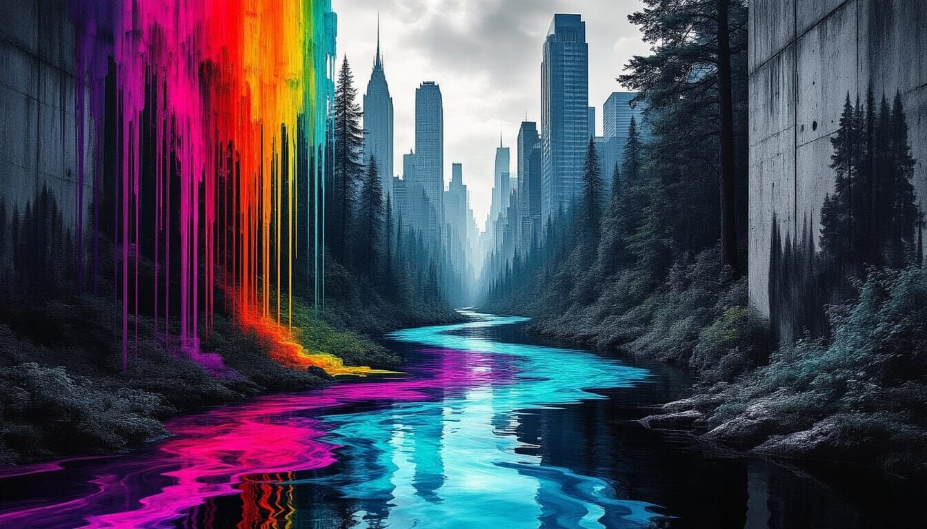 Surreal Collage: Nature Meets City in Vibrant Abstract Art
