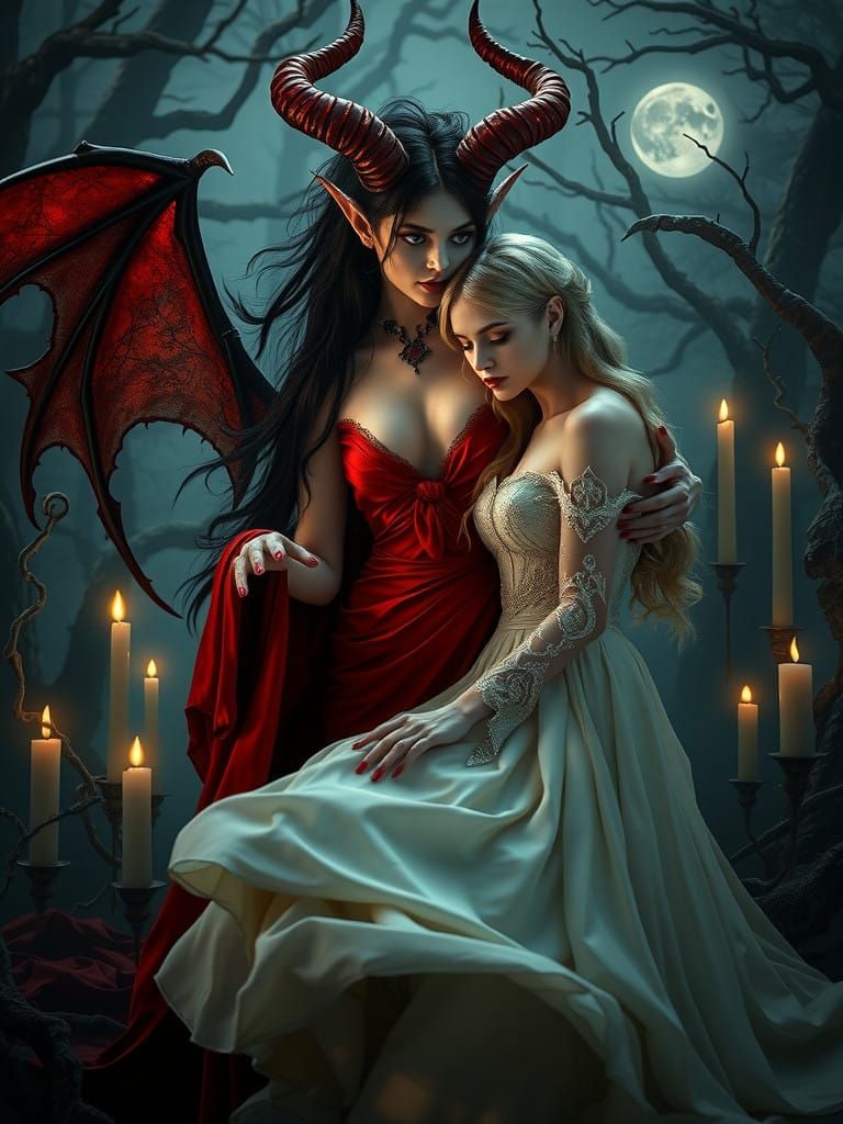 Dark Demon Conjures Soul in Crimson Gown