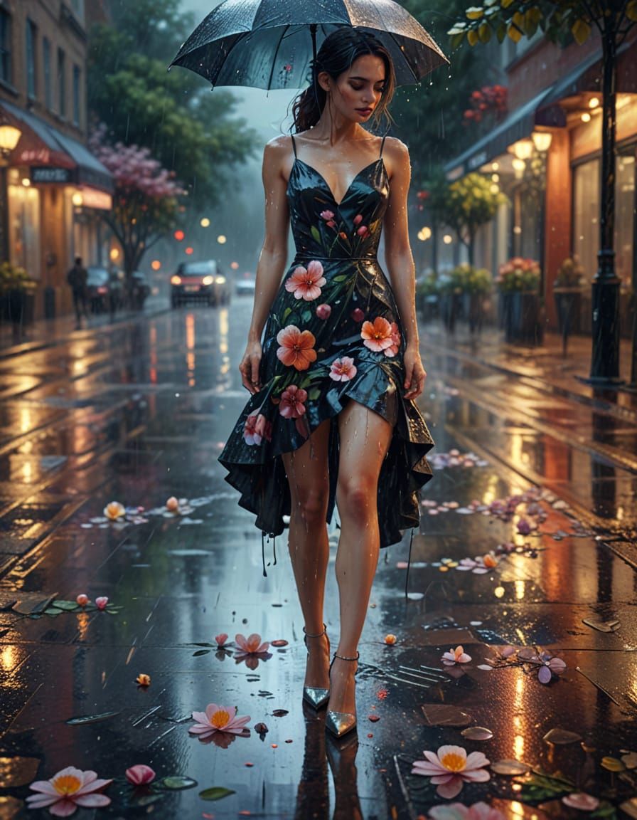 Woman in Rain with Flowers as Oil Painting