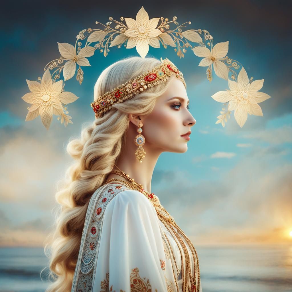 Slavic Beauty in Klimt-Inspired Russian Folklore Portrait