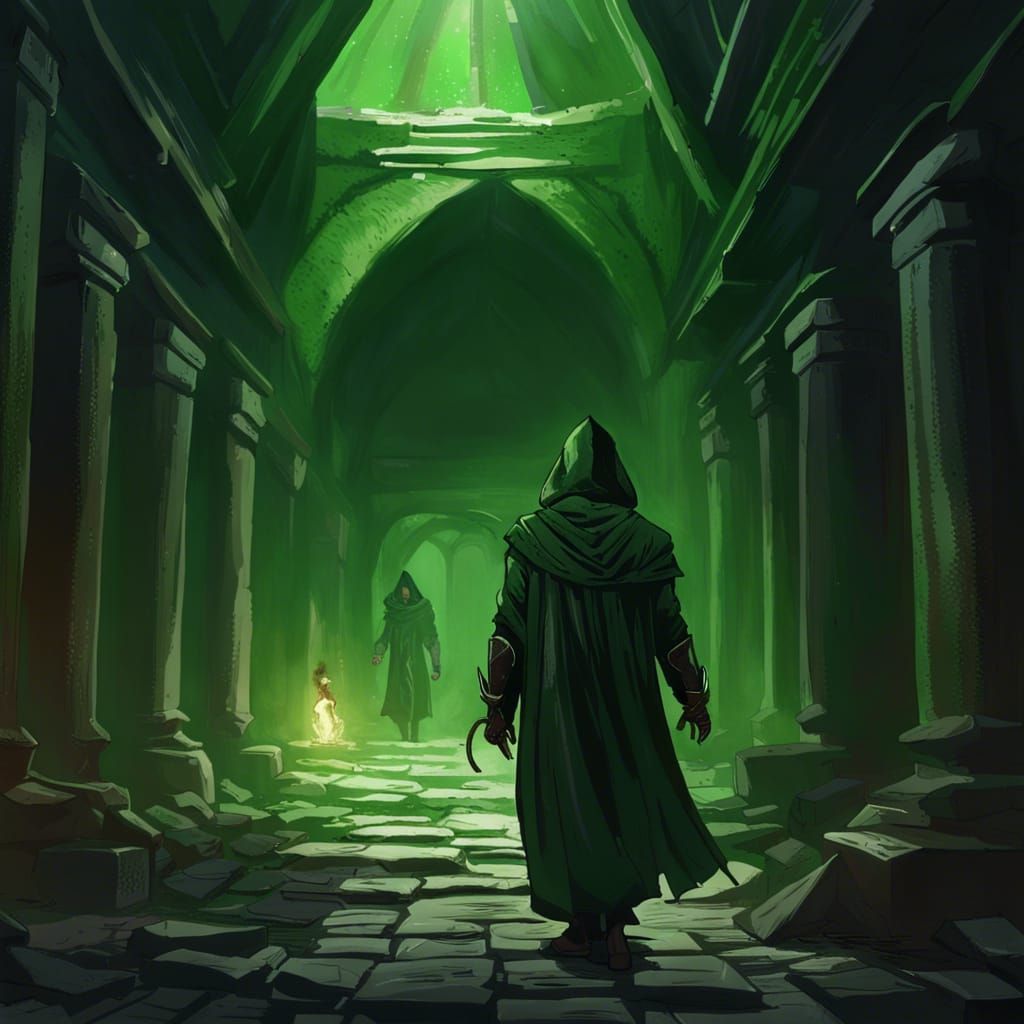 Green Cloaked Assassin in Decrepit Temple: Digital Art