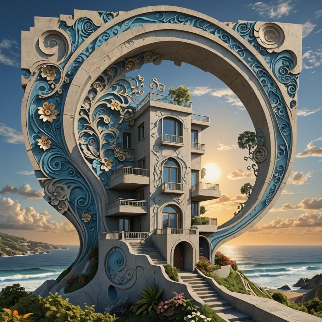 Abstract Concrete Art Villa at Sunset