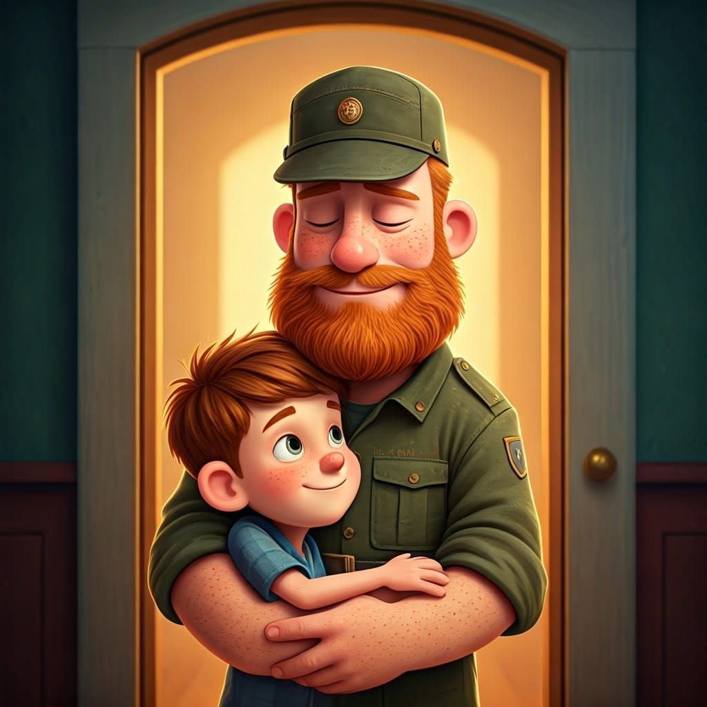 Ginger-Bearded Soldier Offers Comforting Hug to Young Boy