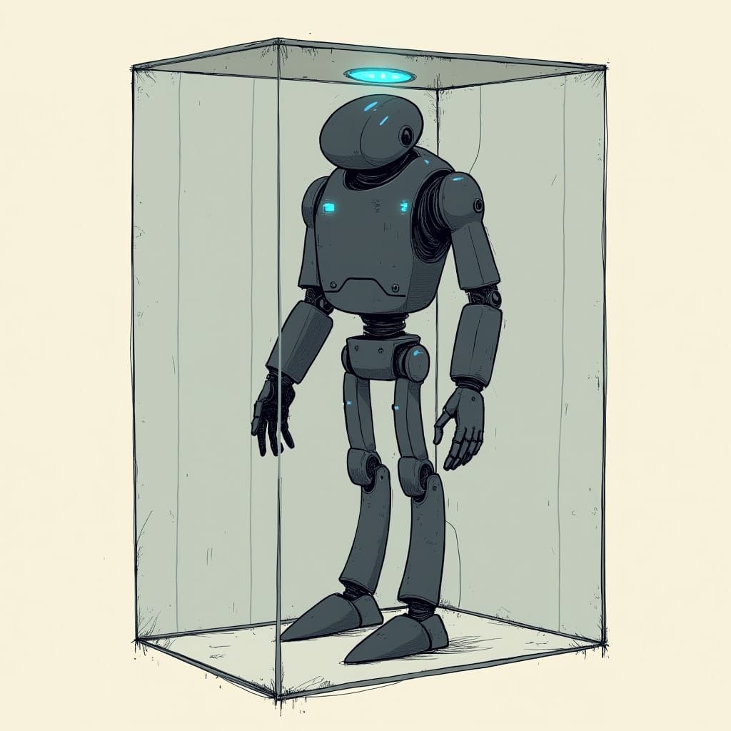 Stylized Robot in a Minimalist Box - 2D Cartoon Art