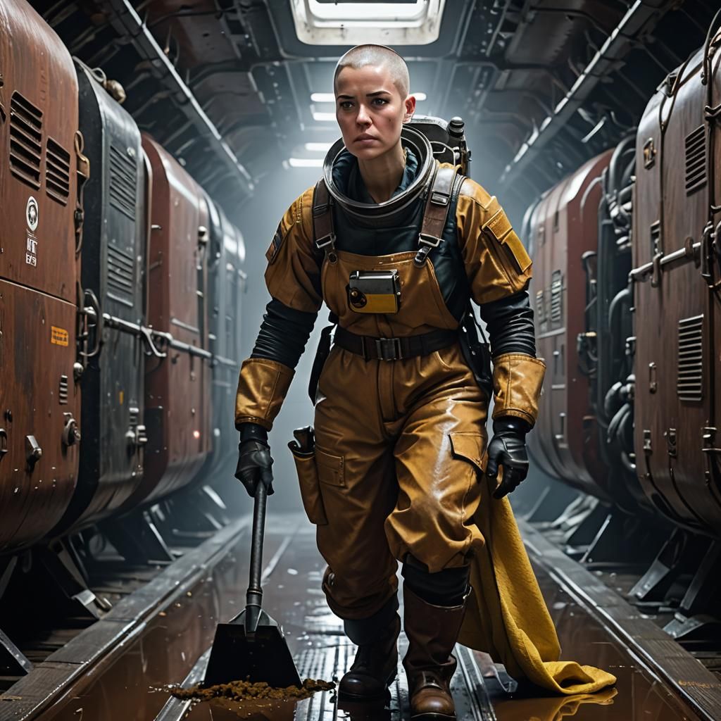 Exhausted Worker Cleaning Space Freighter Corridor