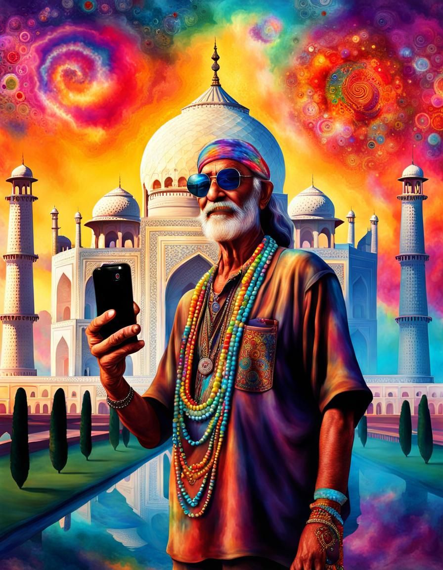 Hippie Selfie at the Taj Mahal: Digital Art