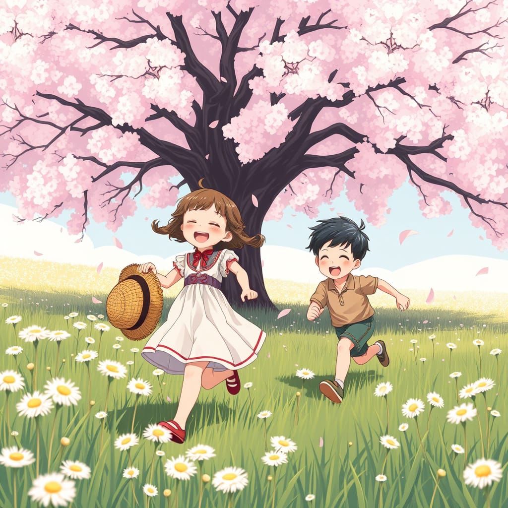 Joyful Children Chase Each Other Under Cherry Blossoms in a ...