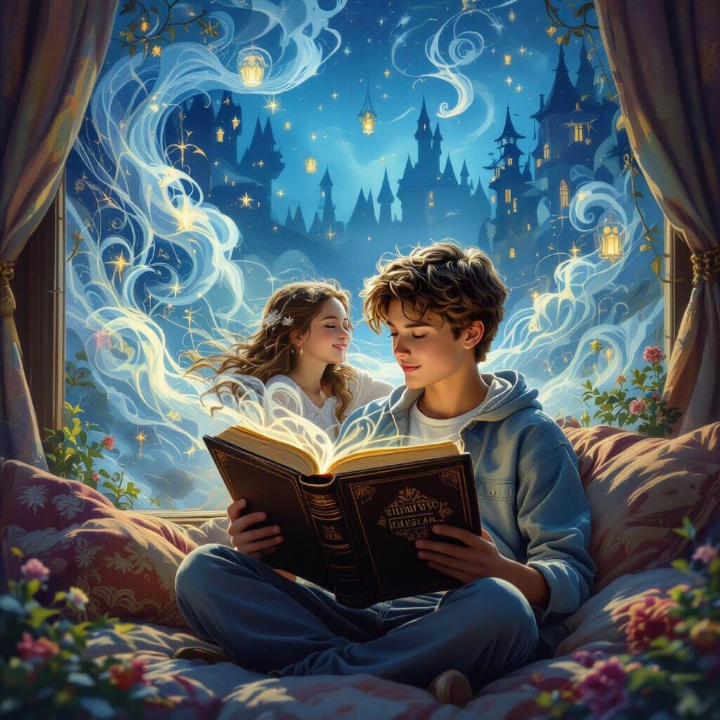 Boy Reading Fantasy Book with Romantic Scene
