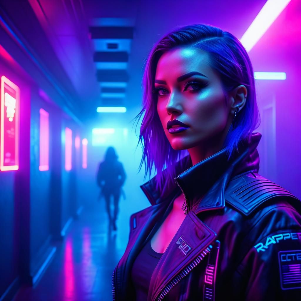 Cyberpunk 2047 Rapper Girl in Neon Light Hotel Corridor π€π JXL v8