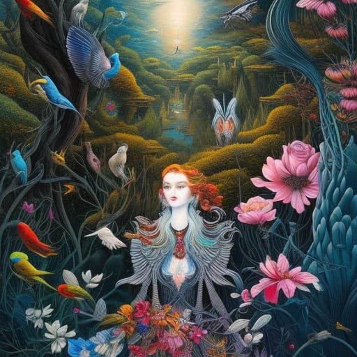 Fairytale Girl with Dogs in Magic Realism Style