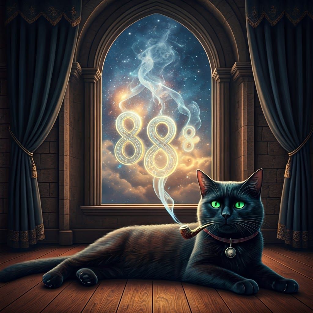 Whimsical Cat Enchants with Magical Pipe and Cosmic Sky