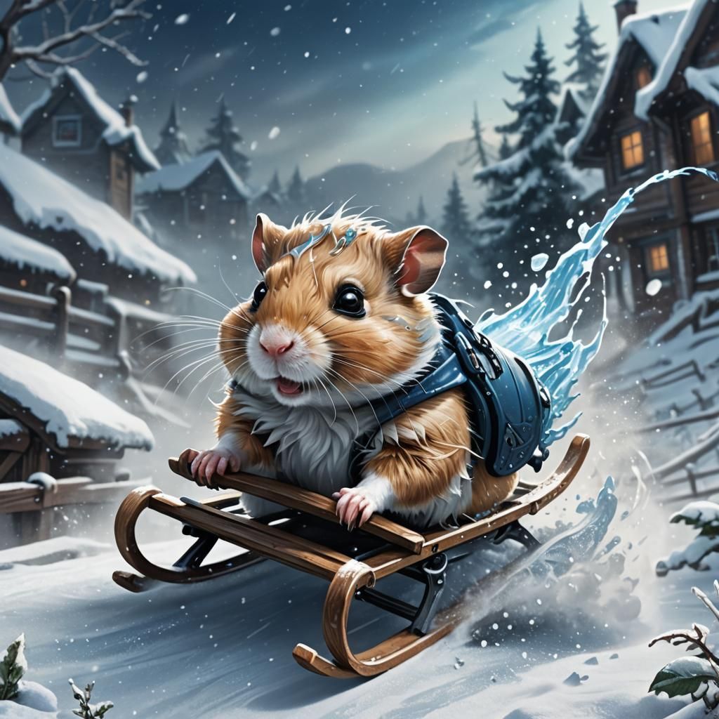 Hamster on Sledge Glides Downhill through Snowy Winter Wonde...
