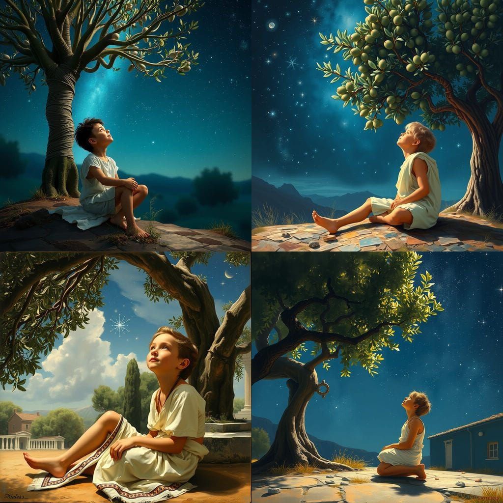 Boy Observes Stars Under Olive Tree, Ancient Greece