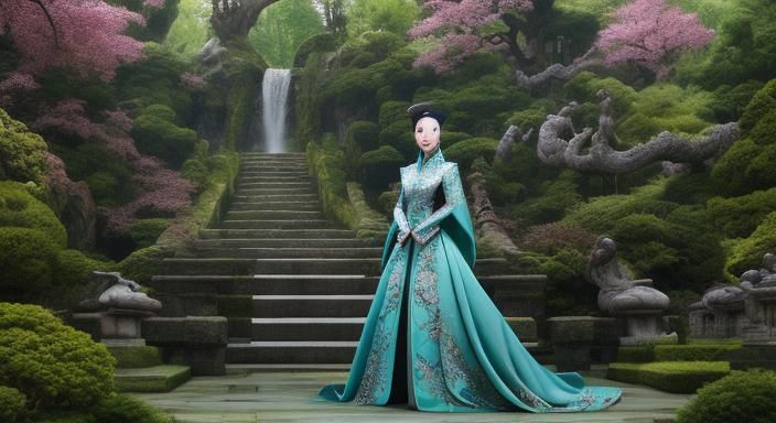 Hyperrealistic Portrait of Queen Mu Yanling in Garden