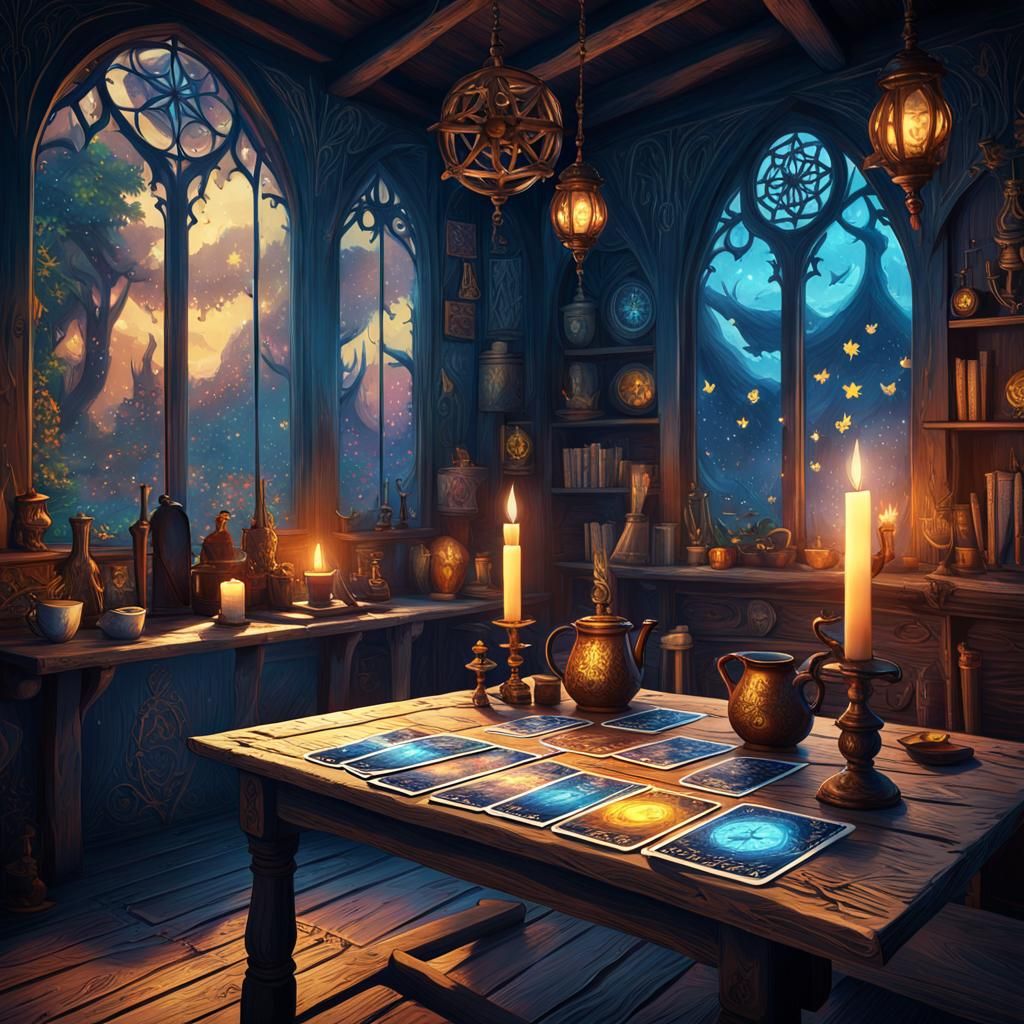 Tarot Deck in Witch's Cottage, Anime Style